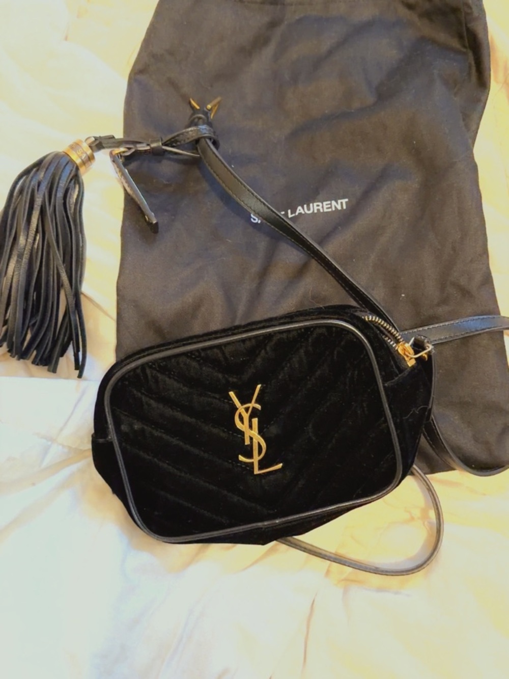 YSL - Yves Saint Laurent Velvet Matelasse Monogram Lou Belt Bag - Black + Gold